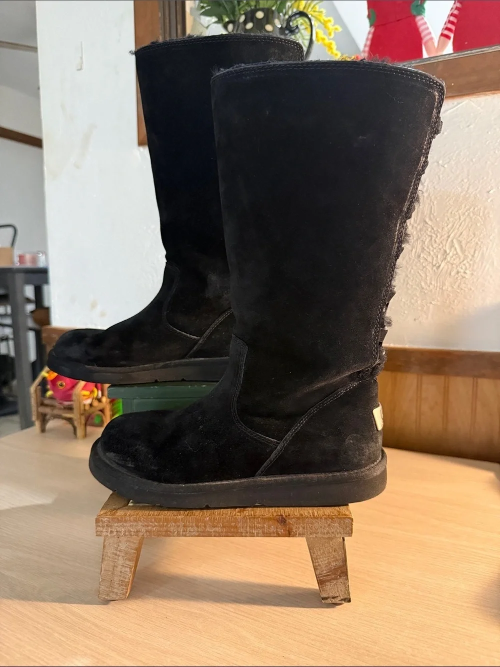 UGG Australia Roseberry Black Suede Lace Back Tall Winter Boots with Fuzzy Trim